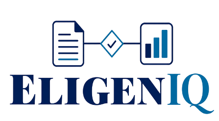 EligenIQ logo: a document, a verification check, and a performance chart connected by a line